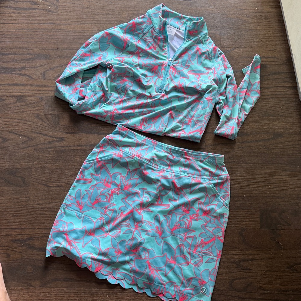 Jofit Teal and Pink Floral Quarter-Zip Top skirt set